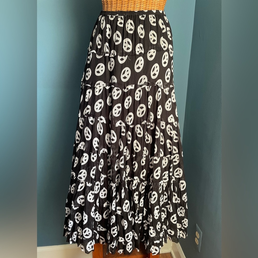 Baba Maxi Boho Skirt Peace Signs. Black & White Tiered. One Size Cotton